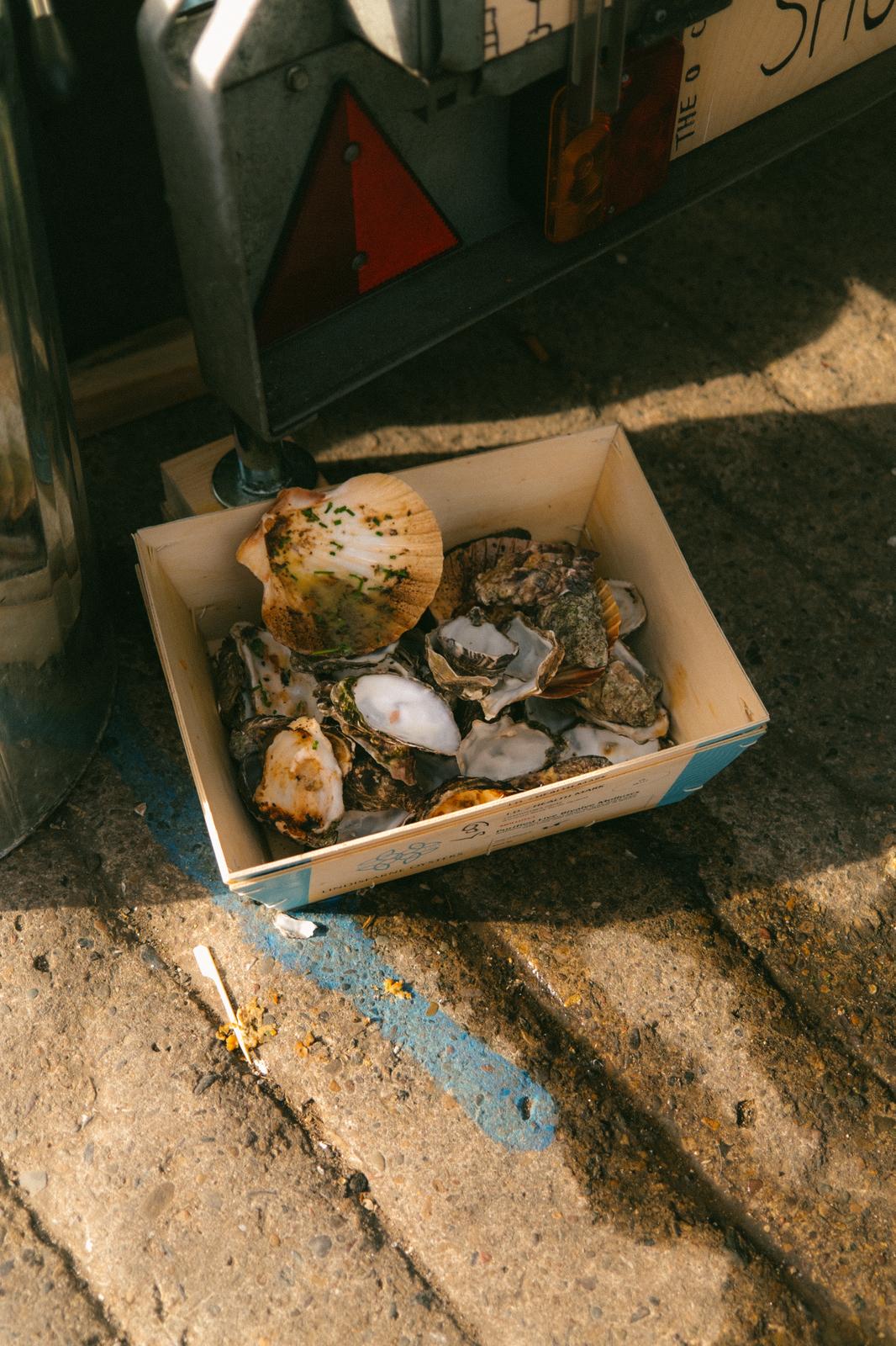A crate of fresh oysters by the trailer